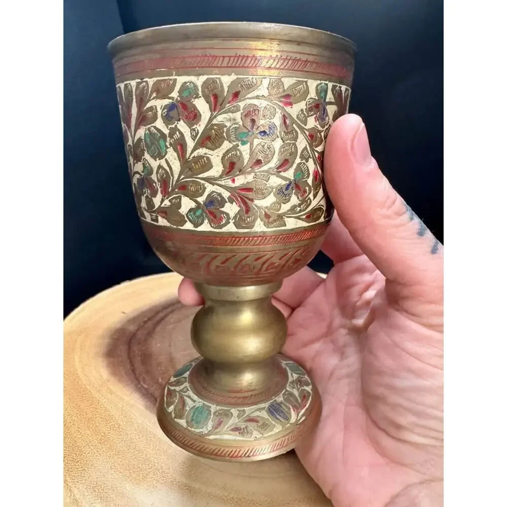 Vintage brass Pedestal Display Cup Etched with Enamel Floral Design